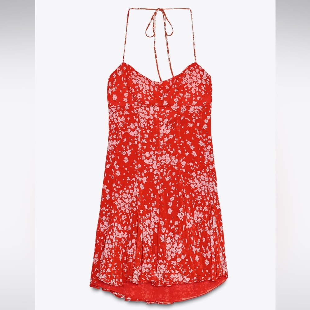 Zara Red halter Floral godet print mini Dress